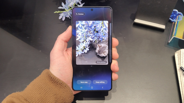 The Generative Edit page on a Galaxy S26 Ultra, with the user adding a cat to a picture of flowers