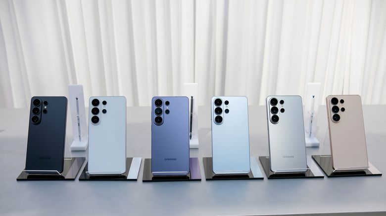 Lineup of Samsung Galaxy S26 Ultra smartphones on table