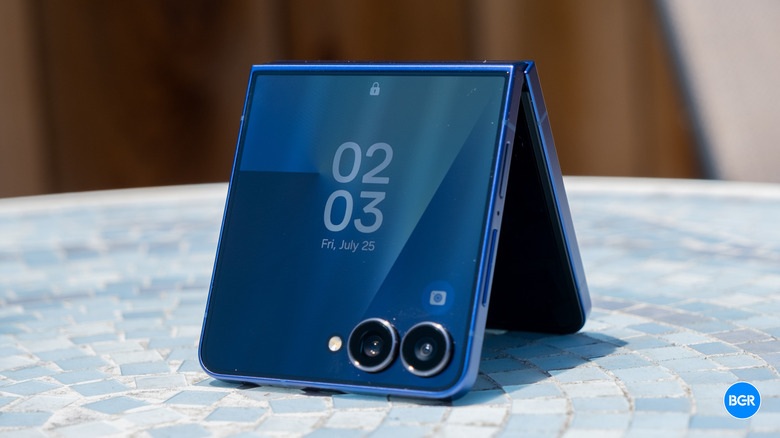 Samsung Galaxy Z Flip 7 in tent mode on a table.