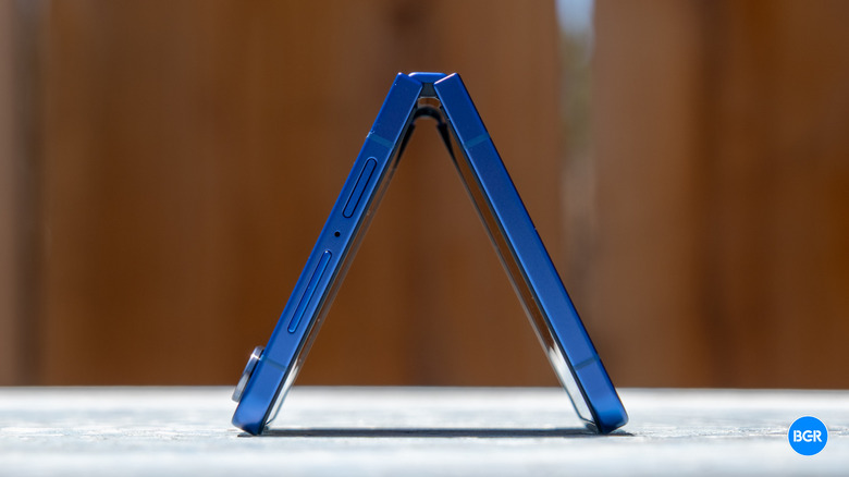 Samsung Galaxy Z Flip 7 in tent mode on a table.
