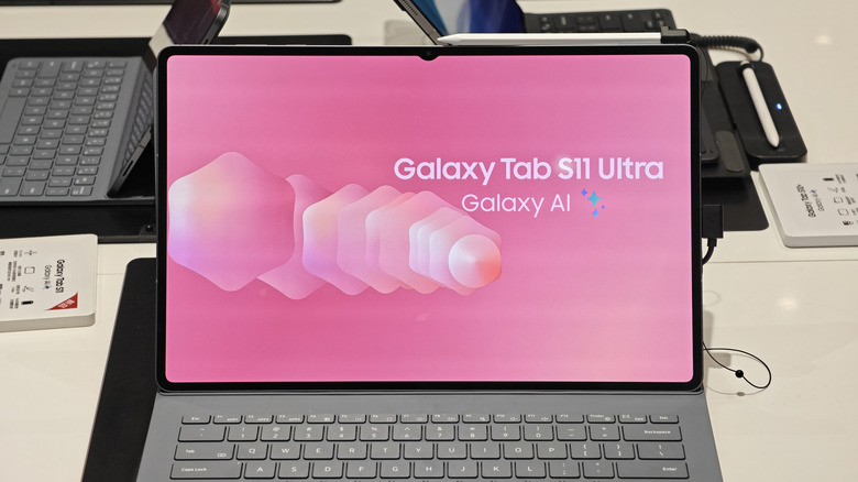 Samsung Galaxy Tab S11 Ultra tablet with its magnetic keyboard in store