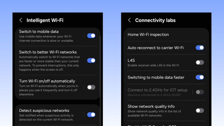 Settings menu for Intelligent Wi-Fi and Connectivity Labs on Samsung phones.