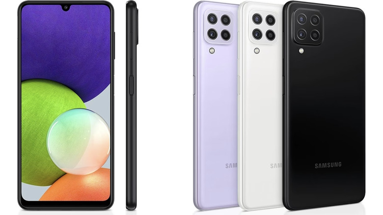 Samsung Galaxy A-series smartphones, showing front, side, and real views in colors including black, lavender, and white.