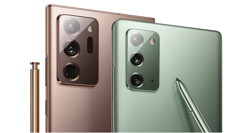Samsung Galaxy Note Series in bronze and green colors with prominent rear camera modules, alongside an S Pen stylus.