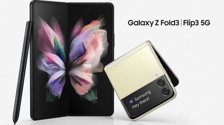 Samsung Galaxy Z Fold 3 opened to display, alongside the Galaxy Z Flip 3 in a folded position.