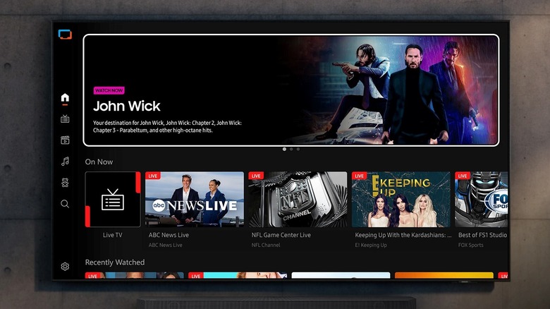 Samsung TV Plus running on a TV mounted to a wall