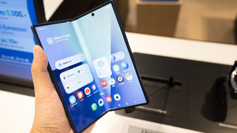 a galaxy z fold half unfolded