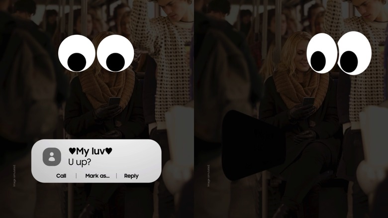 Screenshots from Samsung videos promoting the new pixel-level privacy features for Galaxy phones.
