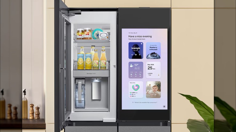A Samsung Bespoke AI 4-Door Flex refrigerator with a door open.