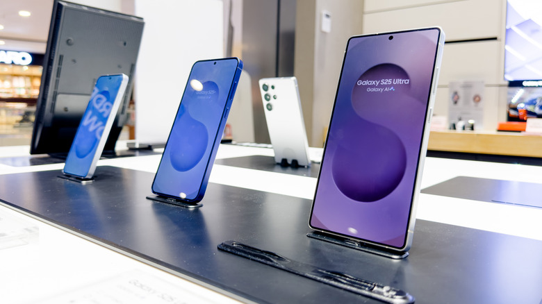Various Samsung phones being showcased in a store