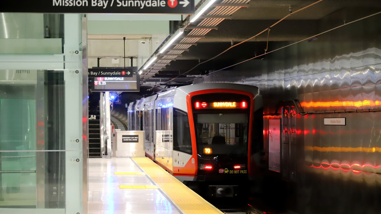 The San Francisco Muni Metro subway train pulling into a station