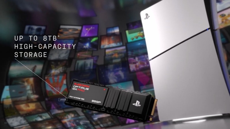 A still taken from a promotional video for the Sandisk Optimus GX Pro 850 SSD, the SSD is next to a white PS5, both of which are surrounded by computer renderings of games