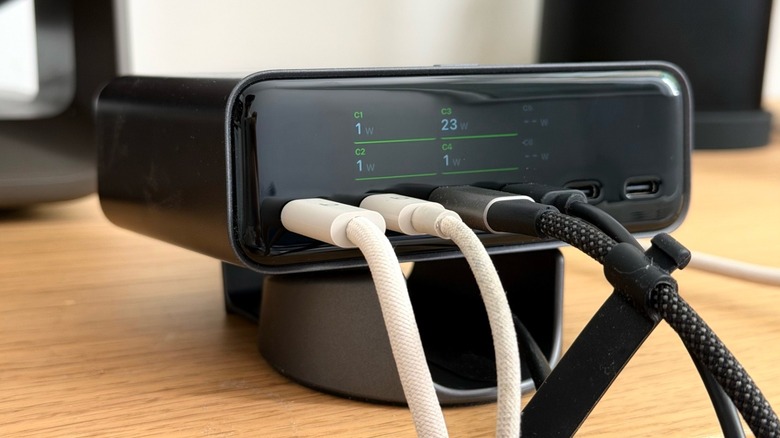 Close-up shot of Satechi's ChargeView accessory with a few USB-C cables attached to it