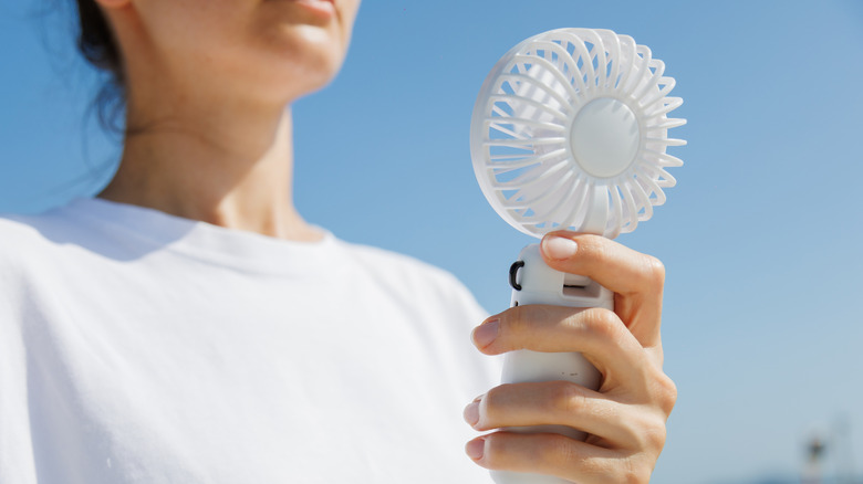 a woman holding a fan during a hot summer day