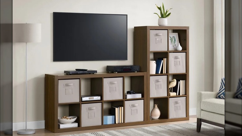 The Bayside Furnishings Onin Room Divider with 8 Organizers placed beneath a window.