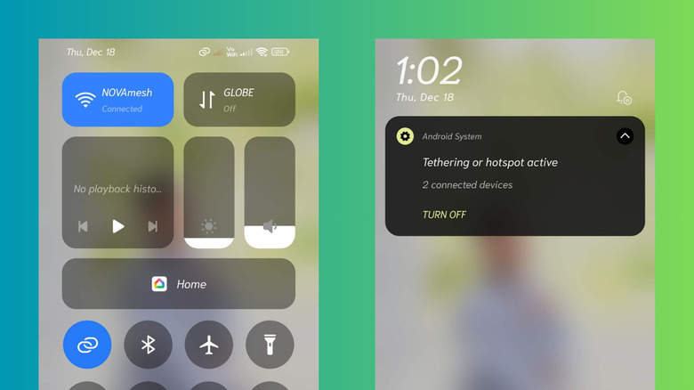 An Android device showing Wi-Fi and hotspot turned on for Wi-Fi sharing.