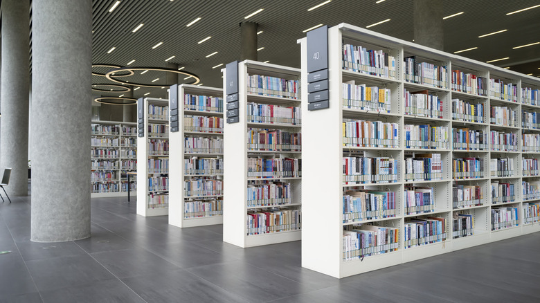 A modern library interior, with white shelves