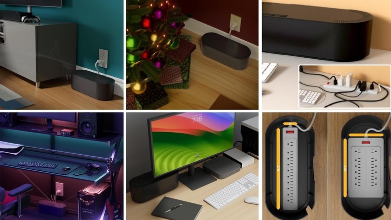 Collage of D-Line cable management box in use in various ways.