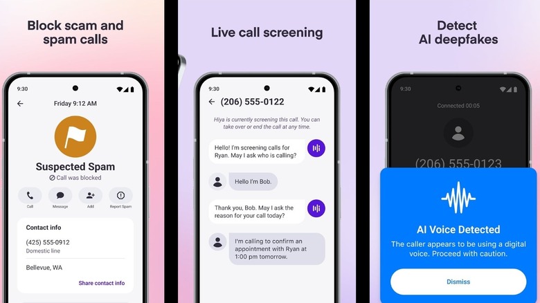 Hiya Spam Blocker app screens with spam blocking, call screening, and AI voice detection