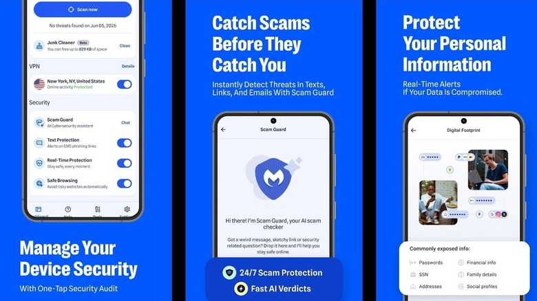 Malwarebytes Scam Guard app screens with security and scam alerts
