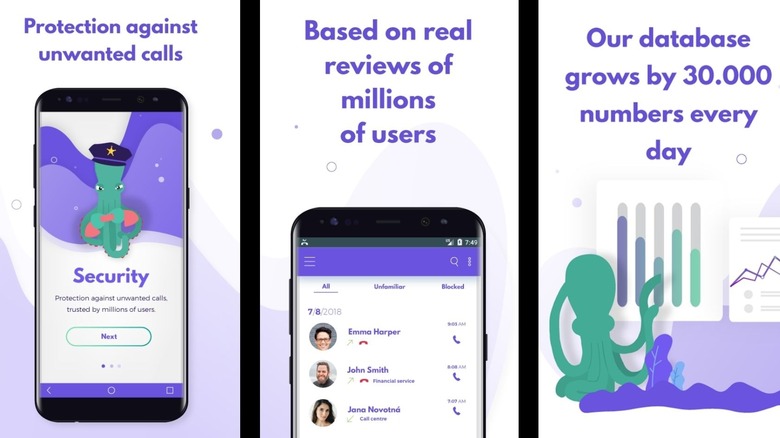 Should I Answer? app screens showing unwanted call protection and a user-based spam number database