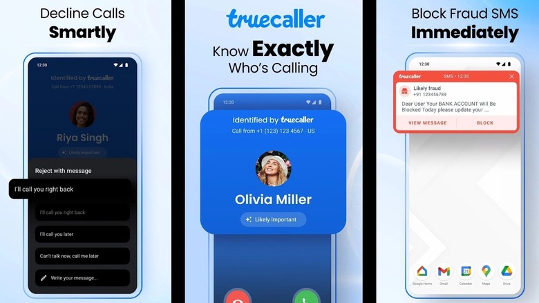 Truecaller app screens showing caller ID, smart call decline, and fraud SMS blocking features