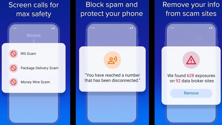 YouMail app screens showing spam call blocking and scam protection features