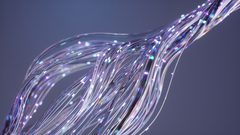 A close of illuminated fiber optic wiring