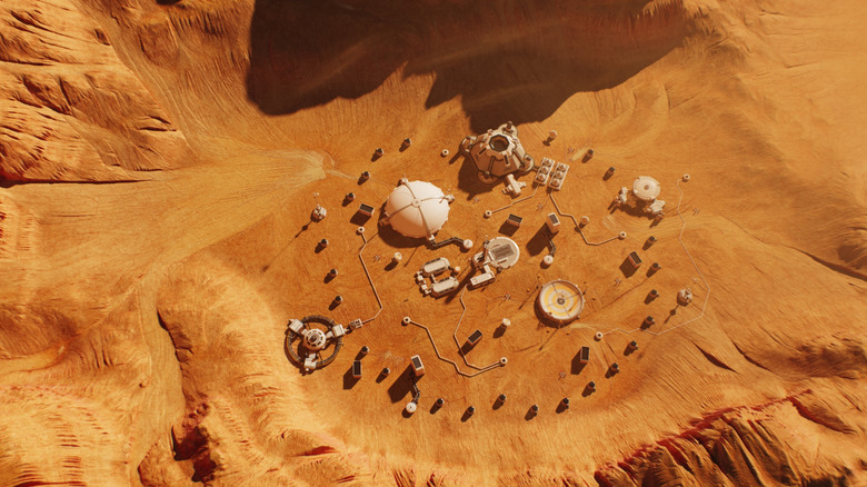 Top view of Mars surface with research station, colony, or scientific base.