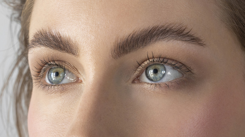 a close up of a woman's eyes