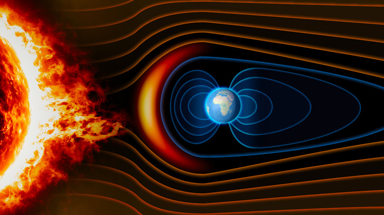illustration of solar winds and Earth's magnetic field