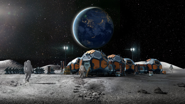 Astronauts walking around a moon colony concept with Earth in the background