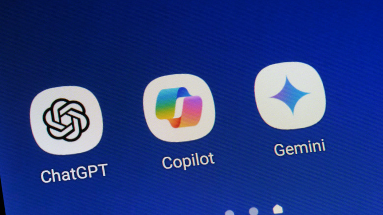 close up of app icons for three popular AI chatbot system including ChatGPT, Copilot, and Gemini