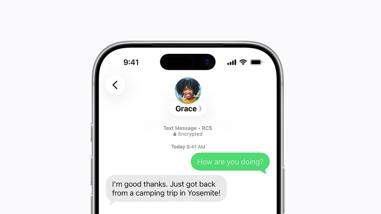An iPhone mockup with RCS messaging on iMessage between iPhone and Android users