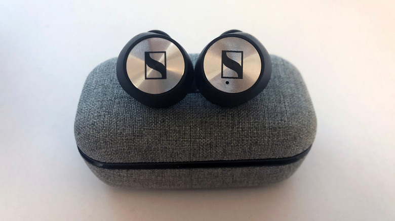 A pair of Sennheiser wireless earbuds.