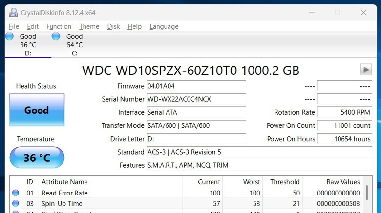 Drive health details in CrystalDiskInfo