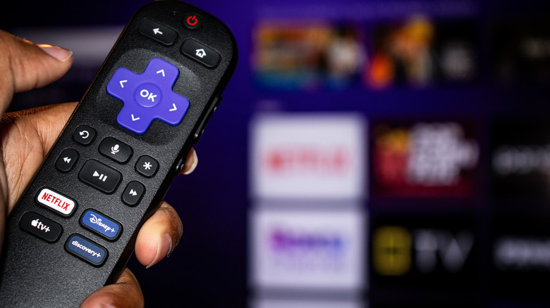 Man holds Roku remote up to TV