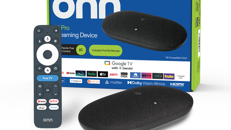The Onn 4K Pro streaming device with box and remote on a white background
