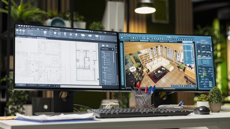Dual monitors showing architectural floor plans and 3D interior design software on an office desk.