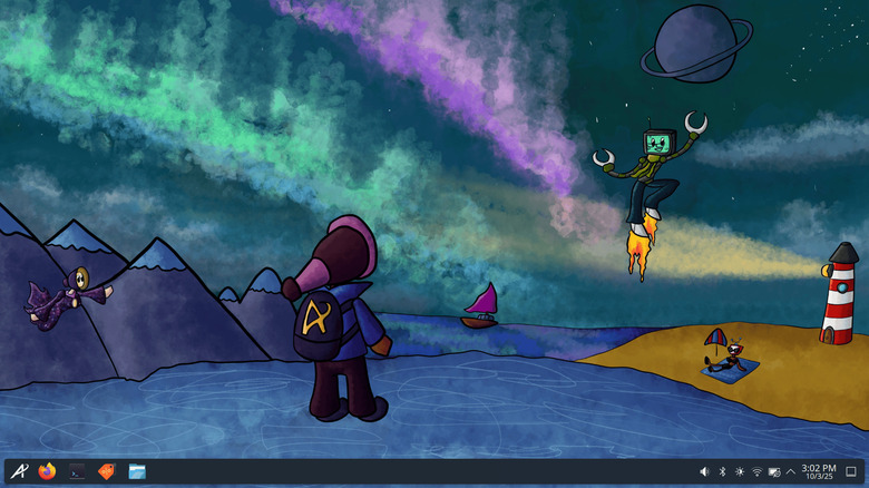 Screenshot of Aurora showing KDE Plasma desktop with cartoon wallpaper