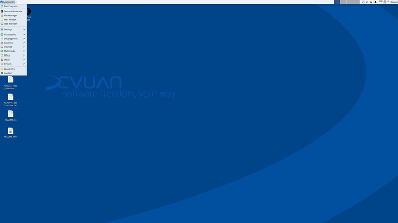 Devuan screenshot showing XFCE desktop with blue wallpaper