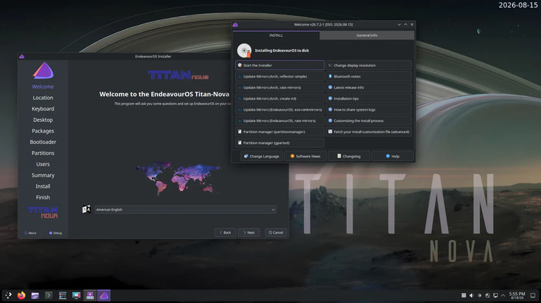 Screenshot of EndeavourOS KDE desktop showing welcome screen and installer