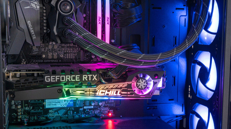 Inside a gaming pc tower with RGB lighting