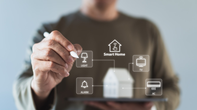 smart home digital concept, blurred person behind digital image