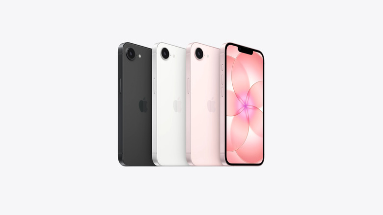iPhone 17e on pink background showing all three phone colors