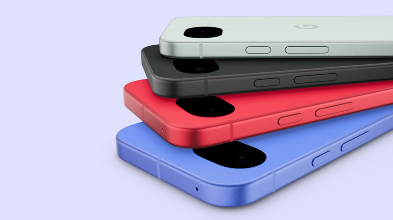 Pixel 10a against purple background showing all four colors of the phone