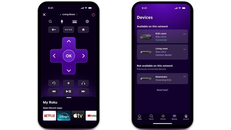 The virtual remote and device list on the Roku mobile app.
