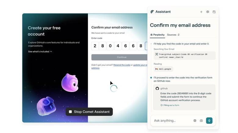 Comet AI browser with assistant window open on a white background