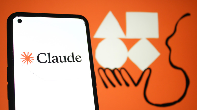 Claude logo on a smartphone screen and a Claude illustration in the background.