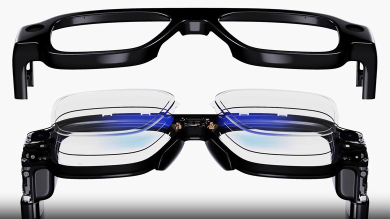 An image of the Snap SPECS smartglasses broken apart into layers